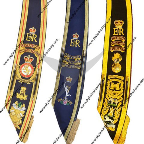 Sashes are used distinctively in some regiments either around the waist or across the shoulder. Developed from the 18th century, sashes are worn over many different regiments of military dress in both the British and Scottish army. At the time of the American civil war, silk sashes in crimson were authorized for officers and red woollen sashes were worn by the non-commissioned officers of the regular army. The modern British army retains a scarlet sash for wear by sergeants serving in infantry regiments. Similarly, a crimson sash is worn around the waist of officers in the foot guards and this practice continues into the armies of the commonwealth. Sashes in this category are made in-house at Upton. View the range of colours and sizes below.