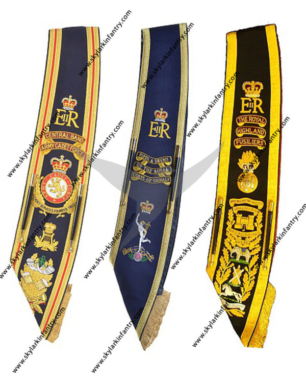 Sashes are used distinctively in some regiments either around the waist or across the shoulder. Developed from the 18th century, sashes are worn over many different regiments of military dress in both the British and Scottish army. At the time of the American civil war, silk sashes in crimson were authorized for officers and red woollen sashes were worn by the non-commissioned officers of the regular army. The modern British army retains a scarlet sash for wear by sergeants serving in infantry regiments. Similarly, a crimson sash is worn around the waist of officers in the foot guards and this practice continues into the armies of the commonwealth. Sashes in this category are made in-house at Upton. View the range of colours and sizes below.