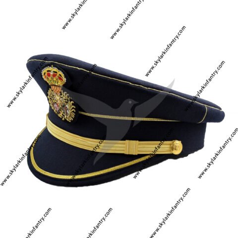 GORRA AZUL CON VIERA INCLINADA Y ESCUDO BORDADO A MANO