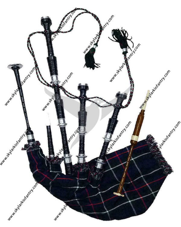 Full size Rosewood Bagpipe Mackenzie Silver Plain Mounts Black Finish Scottish Highland Bagpipes with accessories