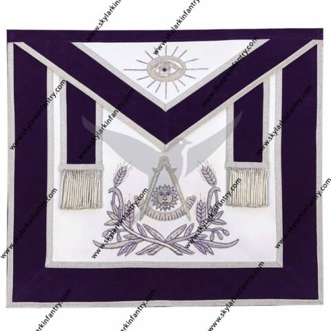 MASONIC REGALIA PAST MASTER HAND EMBROIDERED APRON SILVER EMBROIDERY PURPLE VELVET