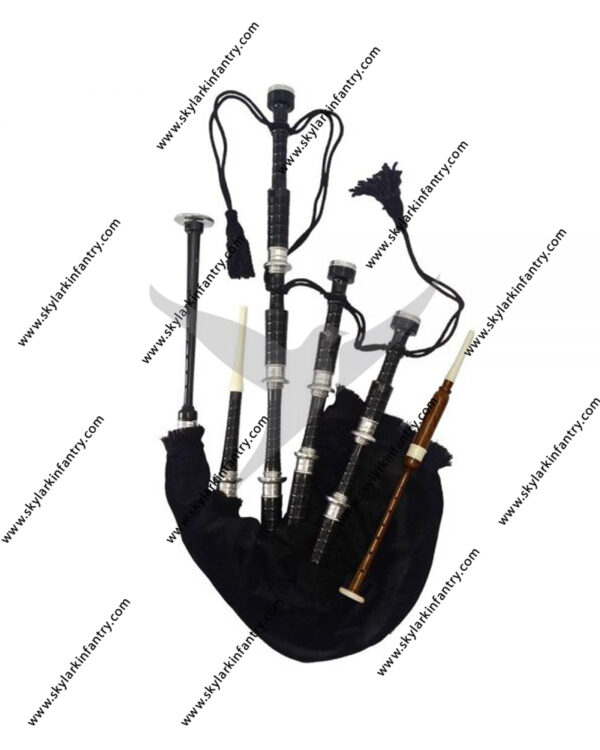 New Black Scottish Bagpipe Silver Mount Velvet Bag Cord Highland F Size with Carry Bag Bagpipes with accessories