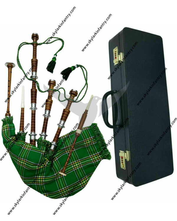 New Irish Tartan Great Bagpipes For Sale Brown Finish With Silver Mounts Bagpipe
