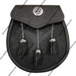 Bovine Skin Semi Dress Sporran with Clan Crest on Black Leather and Chrome Tassels
