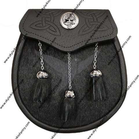 Bovine Skin Semi Dress Sporran with Clan Crest on Black Leather and Chrome Tassels