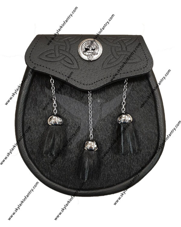 Bovine Skin Semi Dress Sporran with Clan Crest on Black Leather and Chrome Tassels