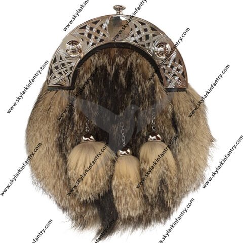 Grey Fox Dress Sporran with Celtic Cantle and 3 tassels in Chrome Finish