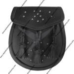 Leather Day Sporran All Over Studded Celtic Design and 3 Pleated Tassels in Black