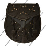 Leather Day Sporran - Tooled and Studded Celtic Design with 3 Knotted Tassels in Black