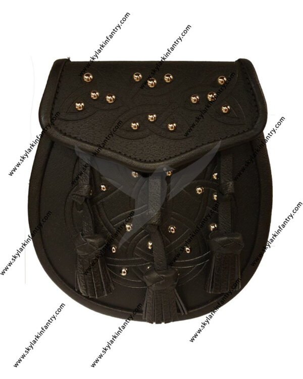 Leather Day Sporran - Tooled and Studded Celtic Design with 3 Knotted Tassels in Black