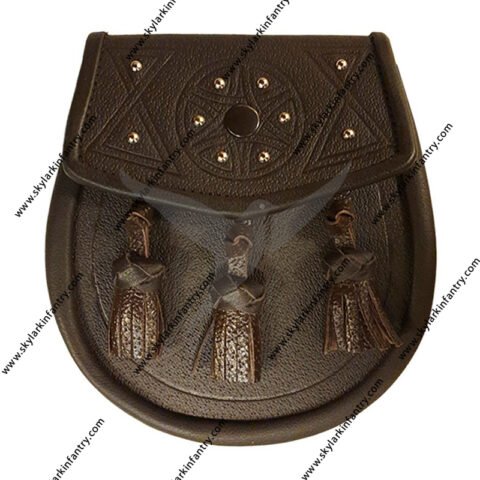 Leather Day Sporran Tooled and Studded Celtic design with 3 Knotted Tassels in Brown