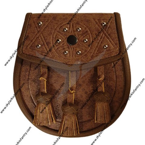 Leather Day Sporran Tooled and Studded Celtic design with 3 Knotted Tassels in Tan