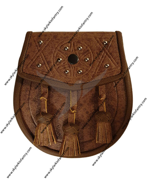Leather Day Sporran Tooled and Studded Celtic design with 3 Knotted Tassels in Tan