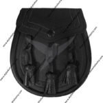 Leather Day Sporran with Embossed Leather and 3 Knotted Tassels in Black