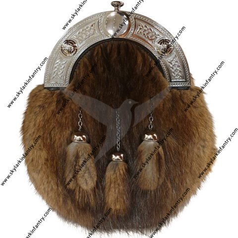 Musquash Dress Sporran with Celtic Cantle and 3 tassels in Chrome Finish