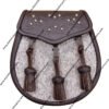 Pony Skin Semi Dress Sporran with Celtic Brown Leather Flap and 3 Knotted Tassels Reduced to Clear