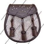 Pony Skin Semi Dress Sporran with Celtic Brown Leather Flap and 3 Knotted Tassels Reduced to Clear