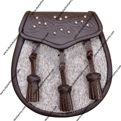 Pony Skin Semi Dress Sporran with Celtic Brown Leather Flap and 3 Knotted Tassels Reduced to Clear