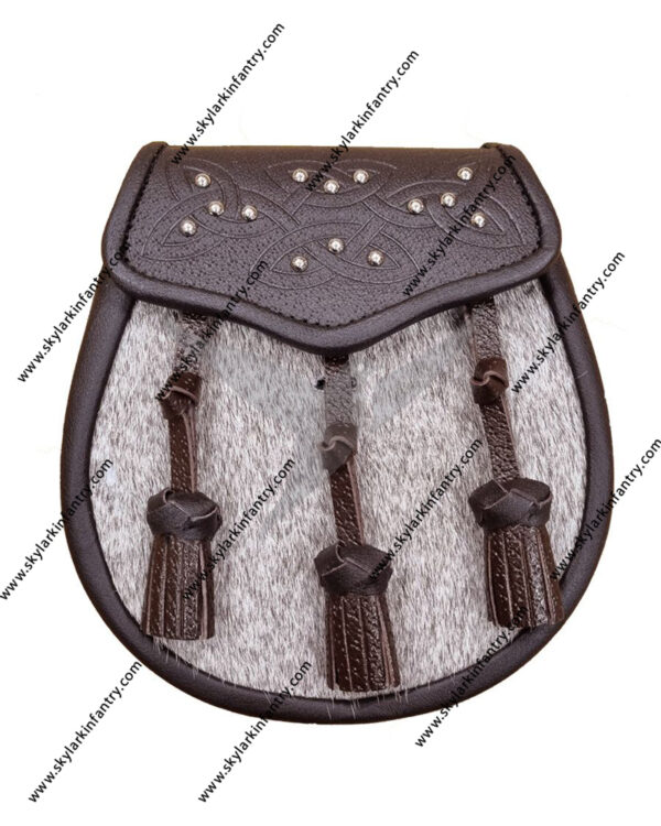 Pony Skin Semi Dress Sporran with Celtic Brown Leather Flap and 3 Knotted Tassels Reduced to Clear