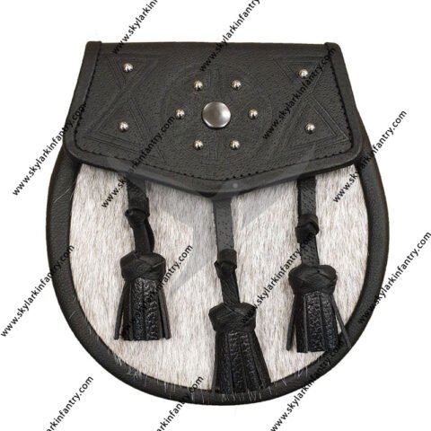 Pony Skin Semi Dress Sporran with Celtic Design Black Leather Flap and Tassels