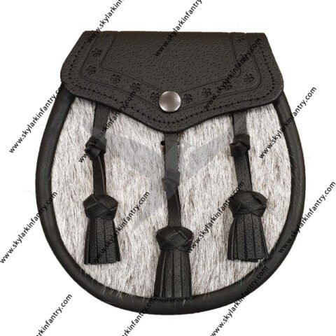 Pony Skin Semi Dress Sporran with Embossed Black Leather and 3 Leather Tassels