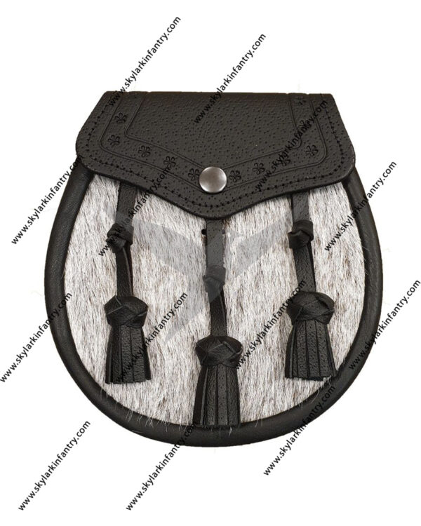 Pony Skin Semi Dress Sporran with Embossed Black Leather and 3 Leather Tassels