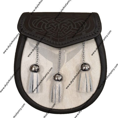 Pony Skin Semi Dress Sporran with Laser Etched Black Leather Flap and Chrome Tassels