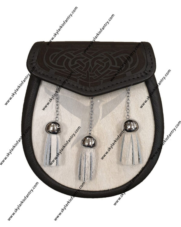 Pony Skin Semi Dress Sporran with Laser Etched Black Leather Flap and Chrome Tassels