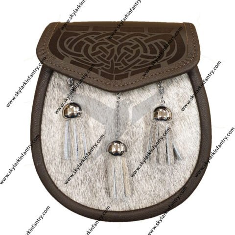 Pony Skin Semi Dress Sporran with Laser Etched Brown Leather Flap and Chrome Tassels