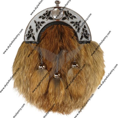 Red Fox Dress Sporran with Celtic cantle and 3 matching tassels in Chrome Finish