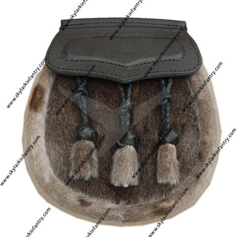 Seal Skin Semi Dress Sporran with Black Leather Flap and 3 Knotted Tassels