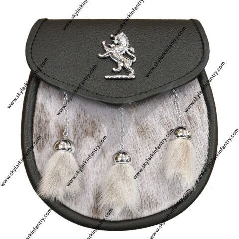 Seal Skin Semi Dress Sporran with Lion Rampant on Black Leather and 3 Chrome Tassels