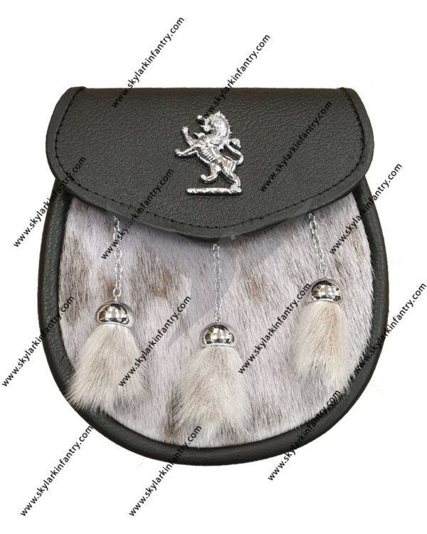 Seal Skin Semi Dress Sporran with Lion Rampant on Black Leather and 3 Chrome Tassels