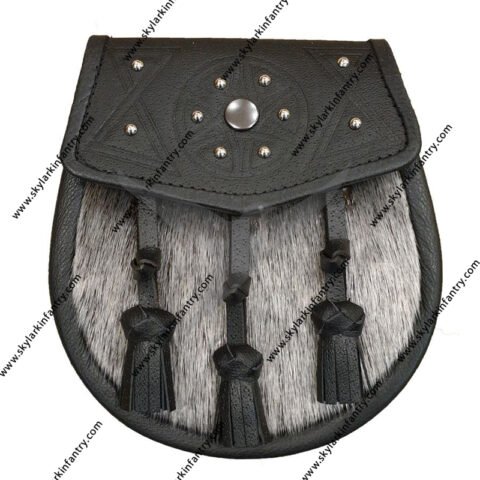 Seal Skin Semi Dress Sporran with Studded Black Leather Flap and Tassels
