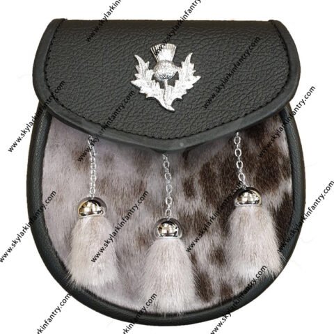 Seal Skin Semi Dress Sporran with Thistle on Black Leather and 3 Chrome Tassels