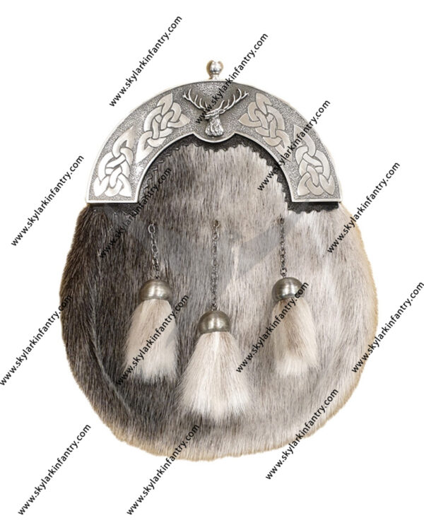 Sealskin Dress Sporran with Celtic Knot and Stags Head Cantle in Antique Finish