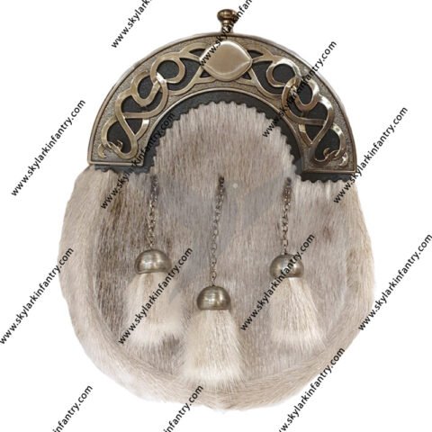 This Dress sporran is made from Seal Skin with 3 matching capped tassels on antique finish chains. It features an antique finish cantle beautifully enhanced with an open work Celtic design with a plain oval in the centre. This is the perfect sporran to compliment your Wedding outfit or for a Formal Black Tie event or simply give as a gift to someone special.