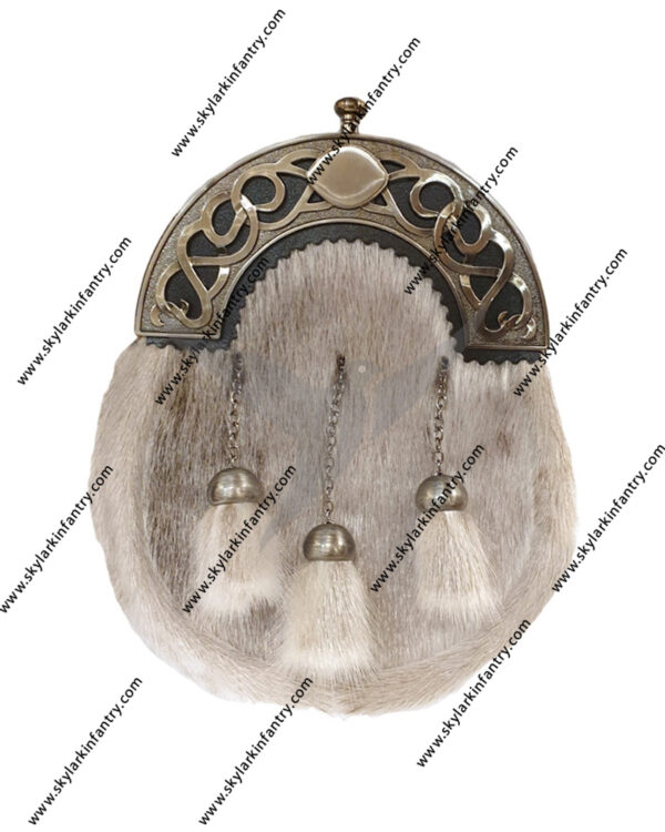 This Dress sporran is made from Seal Skin with 3 matching capped tassels on antique finish chains. It features an antique finish cantle beautifully enhanced with an open work Celtic design with a plain oval in the centre. This is the perfect sporran to compliment your Wedding outfit or for a Formal Black Tie event or simply give as a gift to someone special.