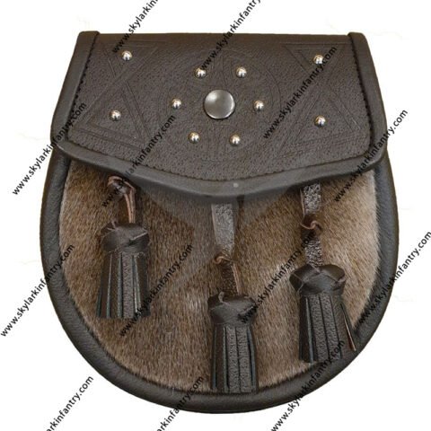 Sealskin Semi Dress Sporran with Studded Brown Leather Flap and Tassels