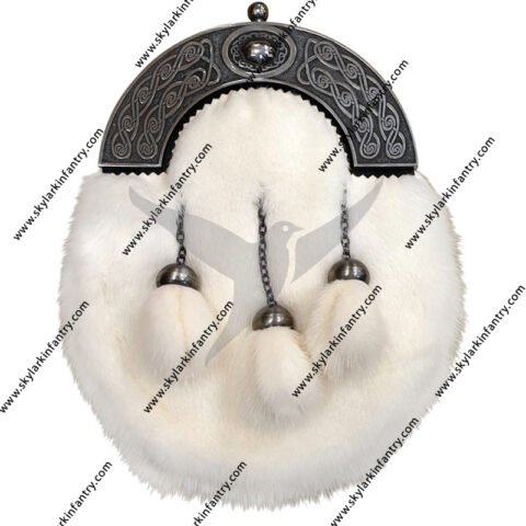 White Mink Dress Sporran with Celtic Oval Design Cantle and 3 tassels in Antique Finish