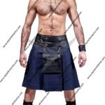 BLUE DENIM LEATHER KILT WITH LEATHER POUCH
