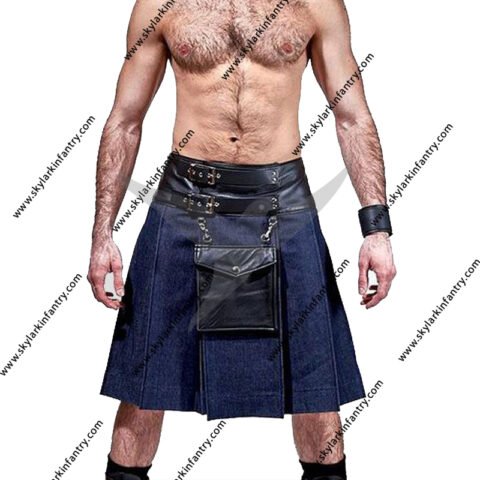 BLUE DENIM LEATHER KILT WITH LEATHER POUCH